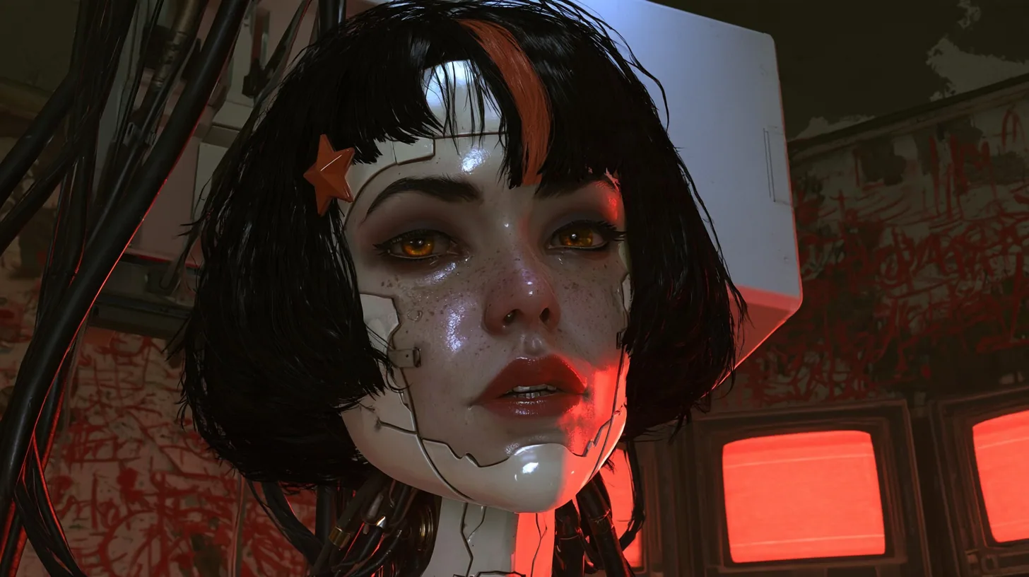 low-angle cinematic medium close-up in a dark chamber: a porcelain-white female android head hangs from black robotic cables, satisfied and a little smug, singing, fine panel seams, freckles, amber glass eyes, glossy…