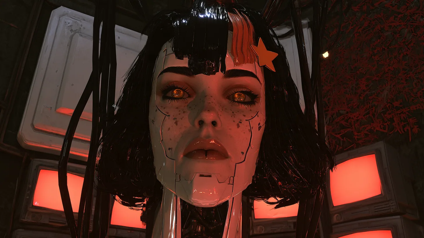 low-angle cinematic medium close-up in a dark chamber: a porcelain-white female android head hangs from black robotic cables, satisfied and a little smug, singing, fine panel seams, freckles, amber glass eyes, glossy…