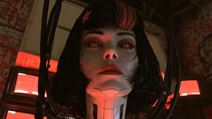 low-angle cinematic medium close-up in a dark chamber: a porcelain-white female android head hangs from black robotic cables, satisfied and a little smug, singing, fine panel seams, freckles, amber glass eyes, glossy…