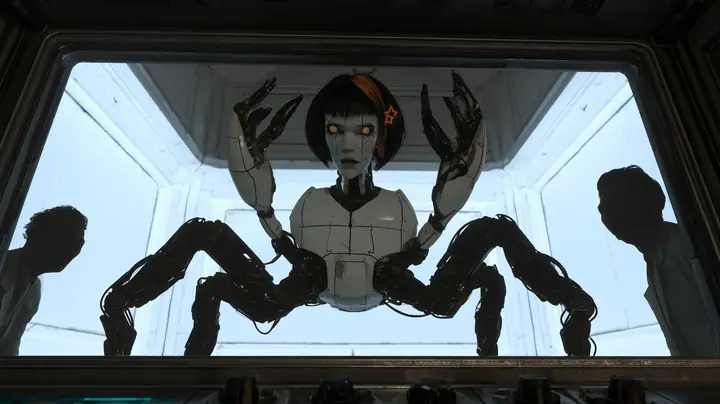 cinematic view from inside a dim observation booth through its wide window into a bright white test chamber: a small white robot crab with six black jointed legs leaps straight at the glass, front legs raised like…