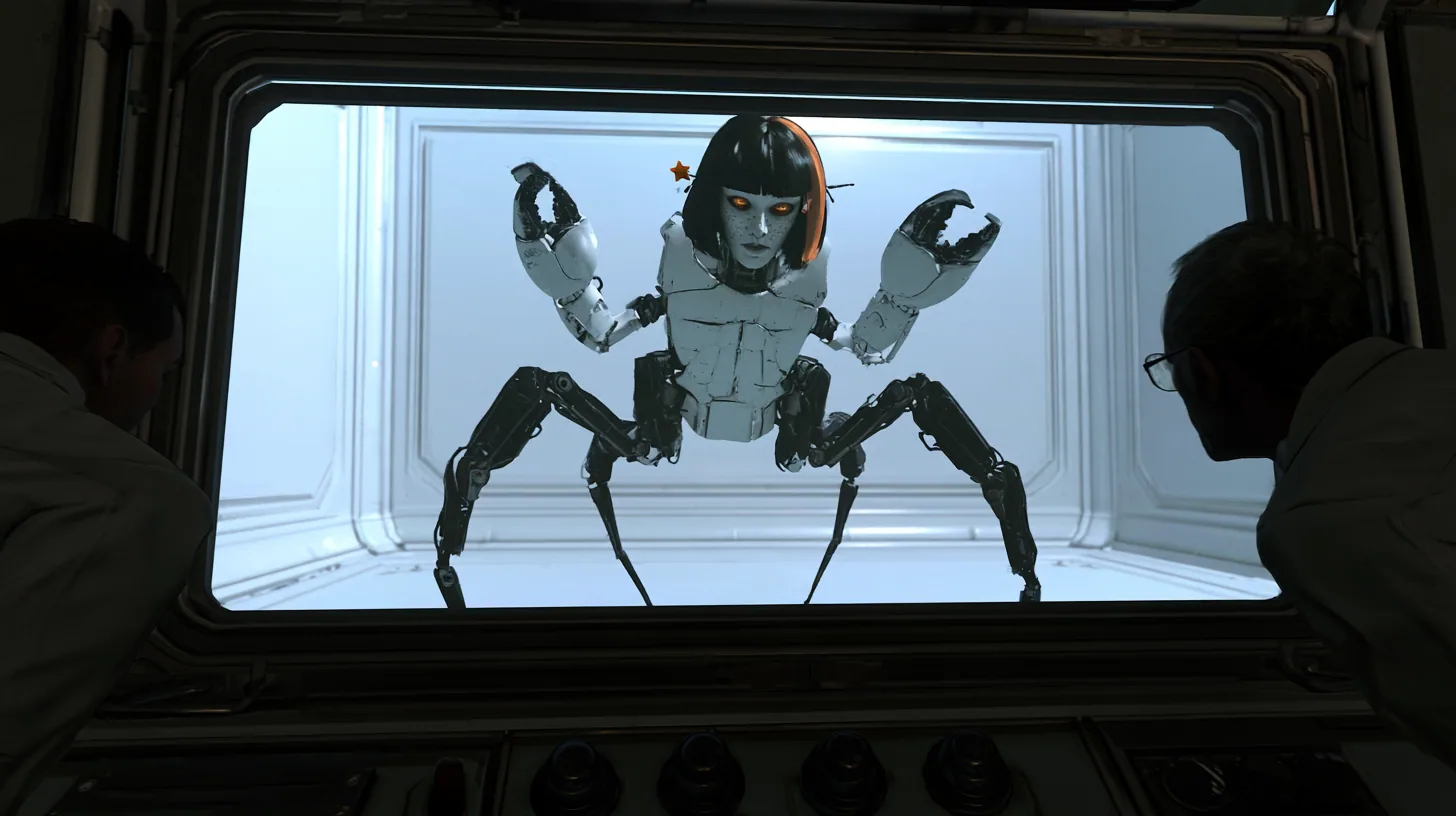 cinematic view from inside a dim observation booth through its wide window into a bright white test chamber: a small white robot crab with six black jointed legs leaps straight at the glass, front legs raised like…