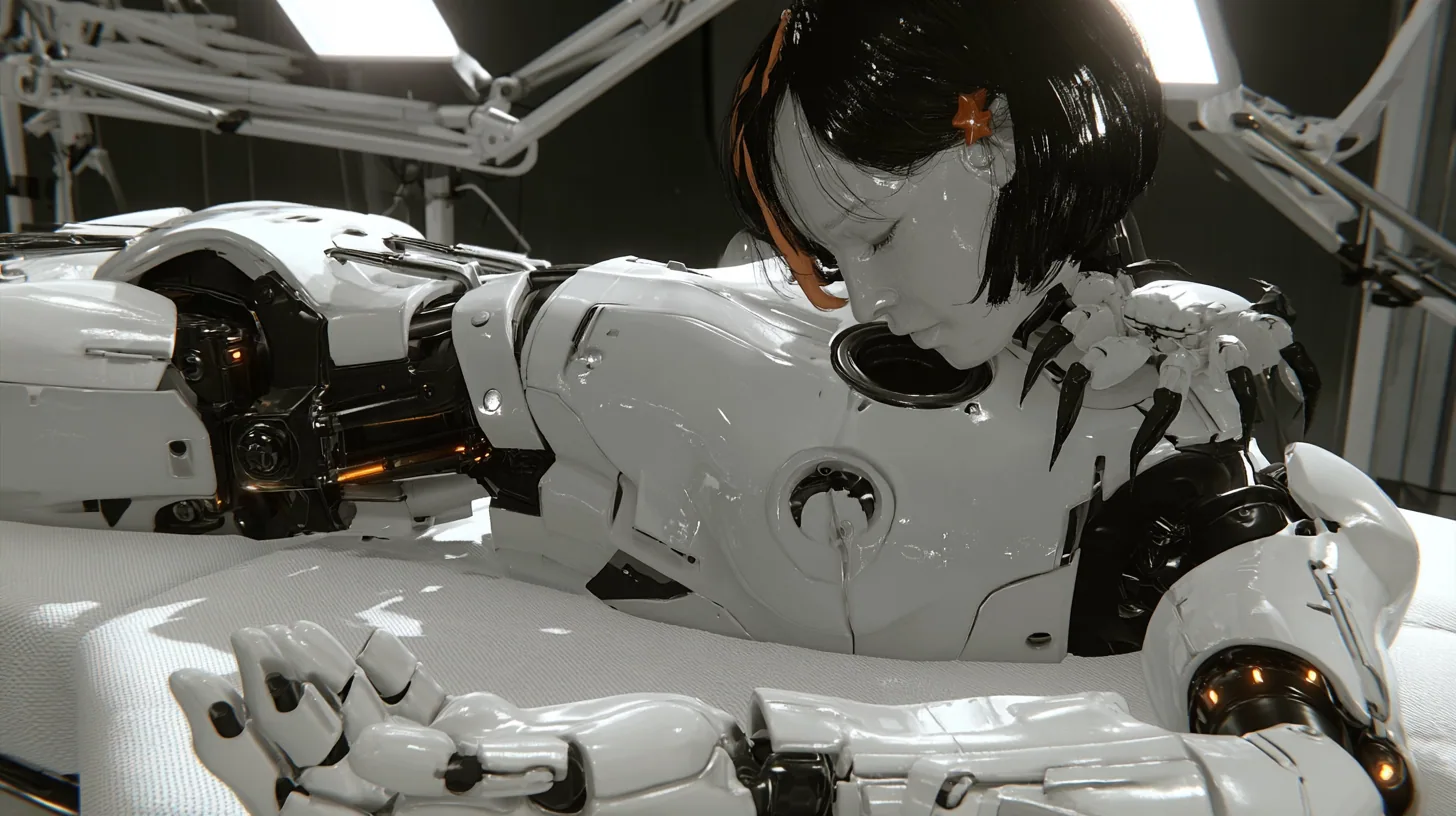 high three-quarter cinematic view of a white padded assembly table under articulated work lamps: a headless porcelain humanoid android body of glossy white plating with black joints and amber joint lights lies face…