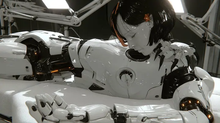 high three-quarter cinematic view of a white padded assembly table under articulated work lamps: a headless porcelain humanoid android body of glossy white plating with black joints and amber joint lights lies face…