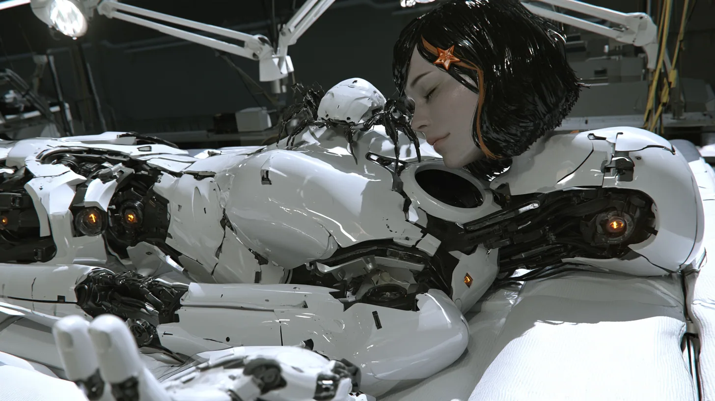 high three-quarter cinematic view of a white padded assembly table under articulated work lamps: a headless porcelain humanoid android body of glossy white plating with black joints and amber joint lights lies face…