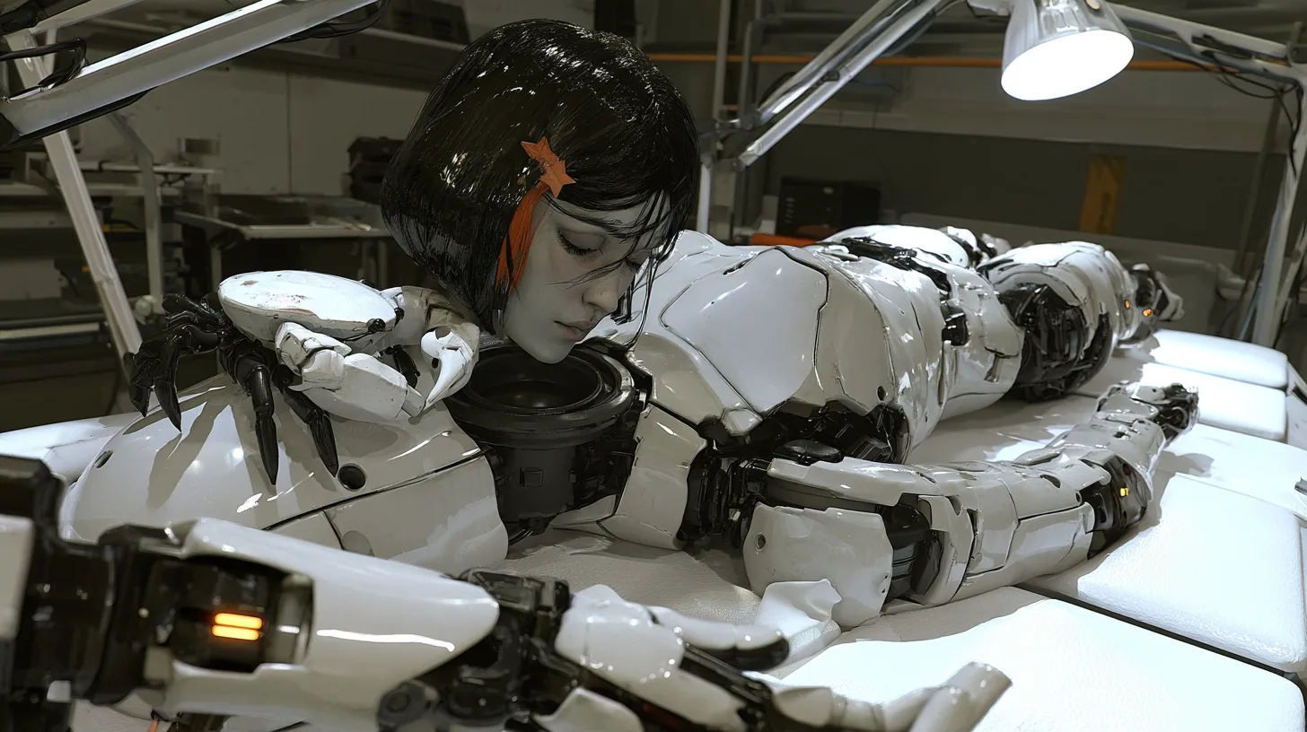 high three-quarter cinematic view of a white padded assembly table under articulated work lamps: a headless porcelain humanoid android body of glossy white plating with black joints and amber joint lights lies face…