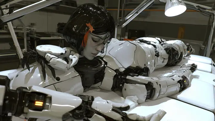 high three-quarter cinematic view of a white padded assembly table under articulated work lamps: a headless porcelain humanoid android body of glossy white plating with black joints and amber joint lights lies face…