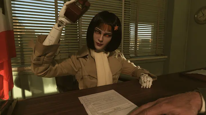 cinematic shot across a wooden desk in a 1960s visa office: a porcelain humanoid android in a belted beige trench coat and cream scarf raises a wooden rubber stamp high over a blank visa form with a sly smile,…
