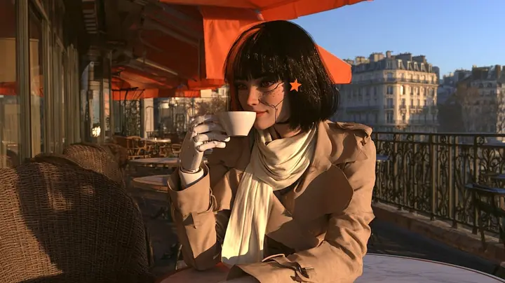 cinematic medium shot at table height on a Paris café terrace at sunrise: a porcelain humanoid android in a belted beige trench coat and cream scarf sits at a small round marble table, a white espresso cup at her…
