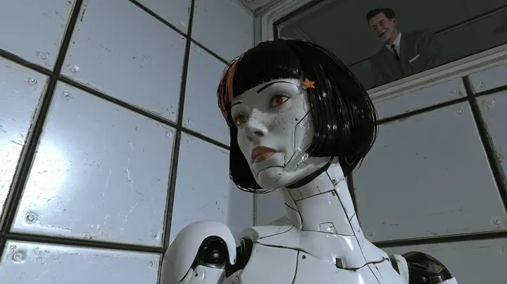 low-angle cinematic shot in a white test chamber of scuffed square panels with black seams: in the lower half a porcelain humanoid android of glossy white plating with black joints looks aside, dazed, porcelain-white…