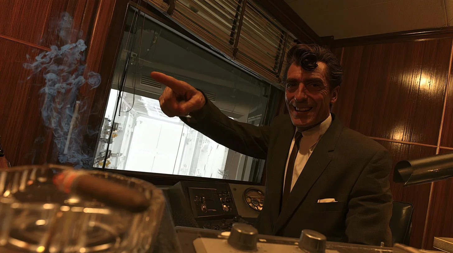 low-angle cinematic shot in a 1950s observation booth: a lean grinning executive with a long face, a long straight nose, a big toothy showman's grin, a dark wavy pompadour, a charcoal suit and thin dark tie points…