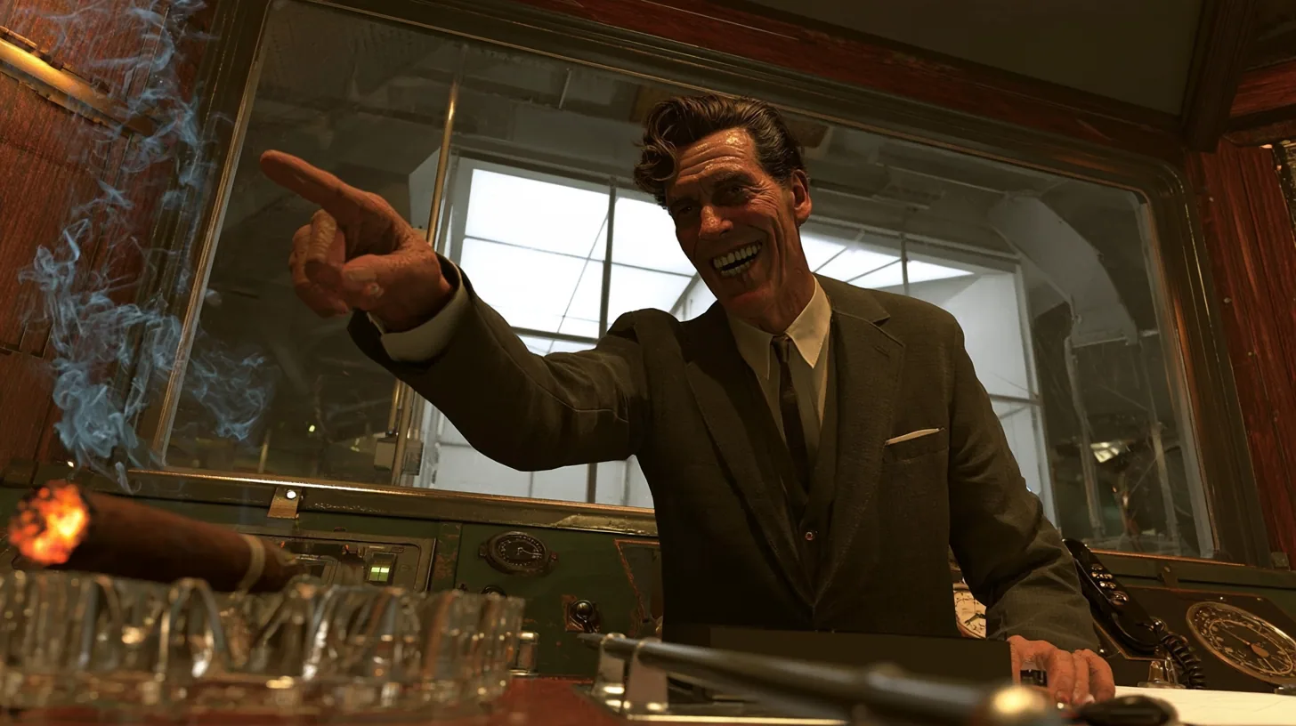 low-angle cinematic shot in a 1950s observation booth: a lean grinning executive with a long face, a long straight nose, a big toothy showman's grin, a dark wavy pompadour, a charcoal suit and thin dark tie points…