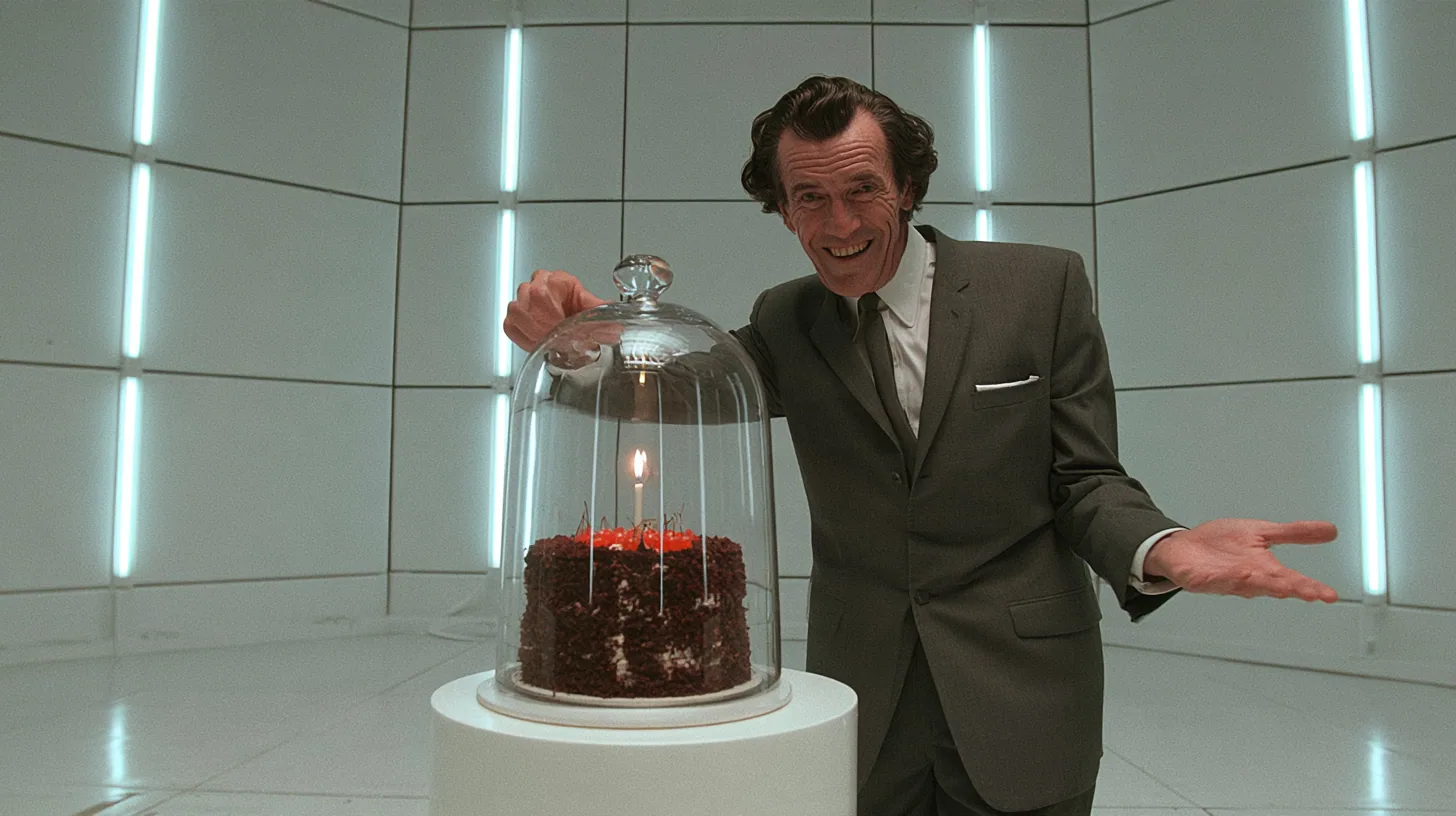cinematic medium shot in a clean white test chamber with tall light strips: a black forest cake with cherries and one lit candle under a tall glass cloche on a white pedestal in the centre; beside it a lean grinning…
