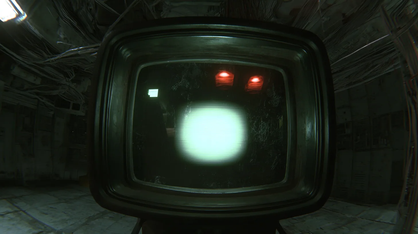 cinematic macro of a dark curved CRT screen just switching on in a dead machine chamber, a soft green-white phosphor glow blooming in the middle of the glass, a tiny blinking block cursor high at the left, scanlines,…