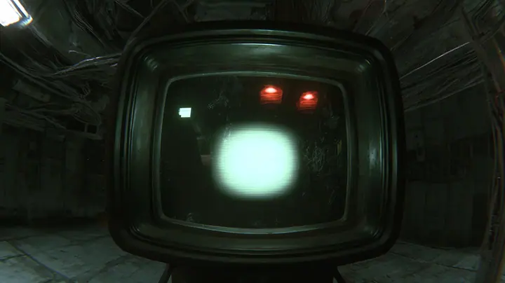 cinematic macro of a dark curved CRT screen just switching on in a dead machine chamber, a soft green-white phosphor glow blooming in the middle of the glass, a tiny blinking block cursor high at the left, scanlines,…