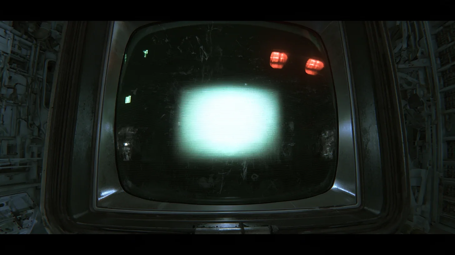 cinematic macro of a dark curved CRT screen just switching on in a dead machine chamber, a soft green-white phosphor glow blooming in the middle of the glass, a tiny blinking block cursor high at the left, scanlines,…