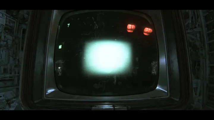 cinematic macro of a dark curved CRT screen just switching on in a dead machine chamber, a soft green-white phosphor glow blooming in the middle of the glass, a tiny blinking block cursor high at the left, scanlines,…
