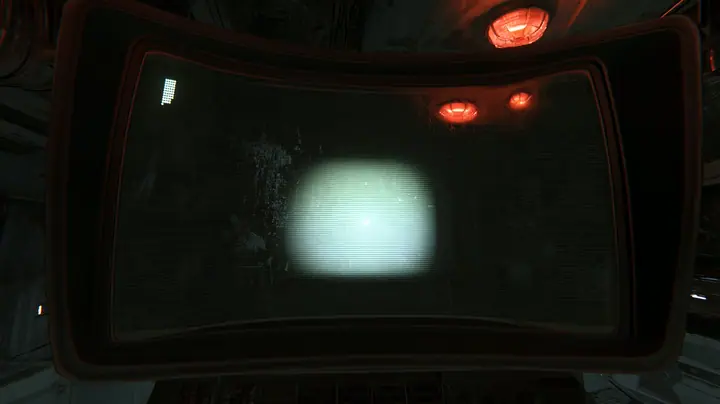 cinematic macro of a dark curved CRT screen just switching on in a dead machine chamber, a soft green-white phosphor glow blooming in the middle of the glass, a tiny blinking block cursor high at the left, scanlines,…
