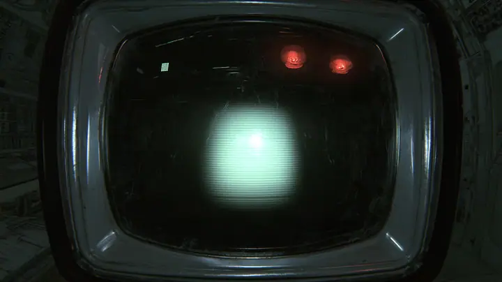 cinematic macro of a dark curved CRT screen just switching on in a dead machine chamber, a soft green-white phosphor glow blooming in the middle of the glass, a tiny blinking block cursor high at the left, scanlines,…