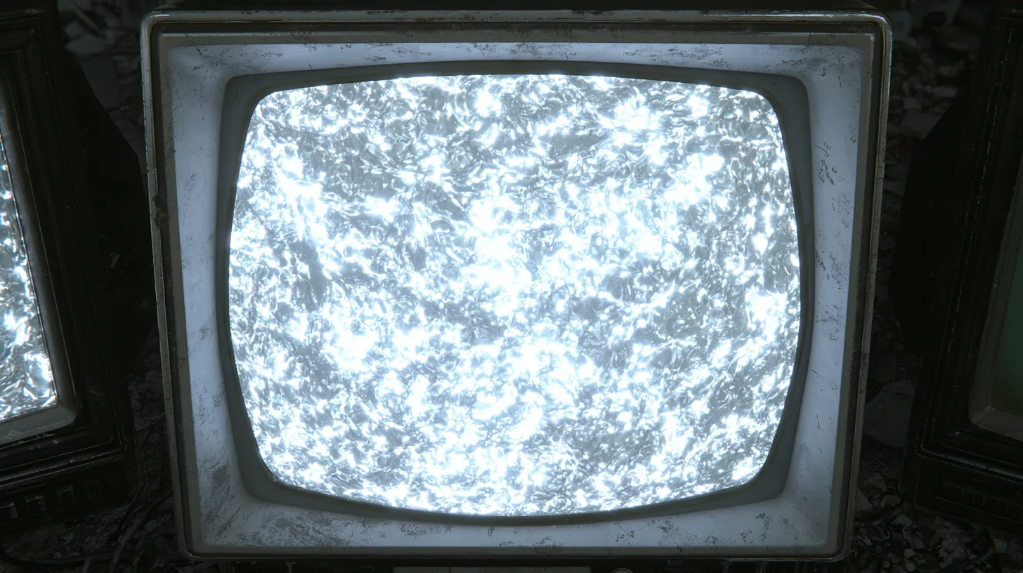 cinematic straight-on close-up of a battered 1970s CRT monitor whose rounded screen fills almost the whole frame, boiling with bright white television static, a scuffed grey-white plastic bezel around it, slivers of…