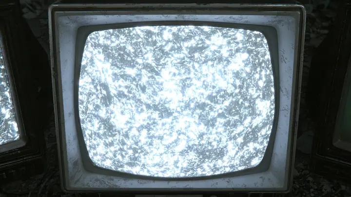 cinematic straight-on close-up of a battered 1970s CRT monitor whose rounded screen fills almost the whole frame, boiling with bright white television static, a scuffed grey-white plastic bezel around it, slivers of…