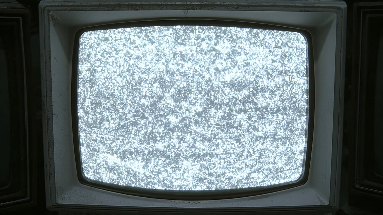 cinematic straight-on close-up of a battered 1970s CRT monitor whose rounded screen fills almost the whole frame, boiling with bright white television static, a scuffed grey-white plastic bezel around it, slivers of…