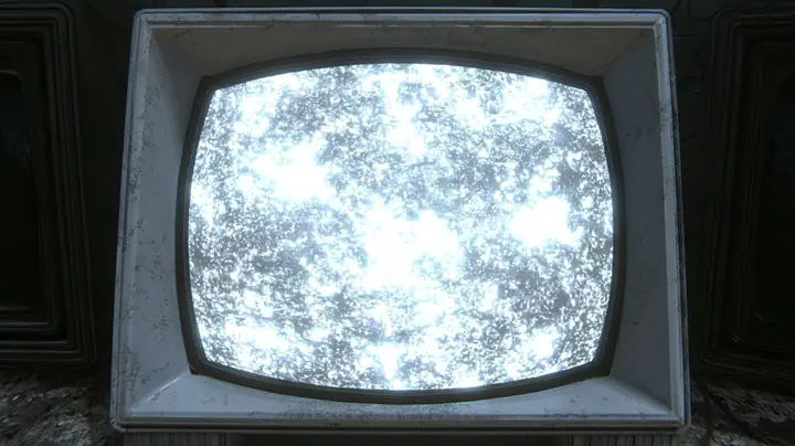 cinematic straight-on close-up of a battered 1970s CRT monitor whose rounded screen fills almost the whole frame, boiling with bright white television static, a scuffed grey-white plastic bezel around it, slivers of…