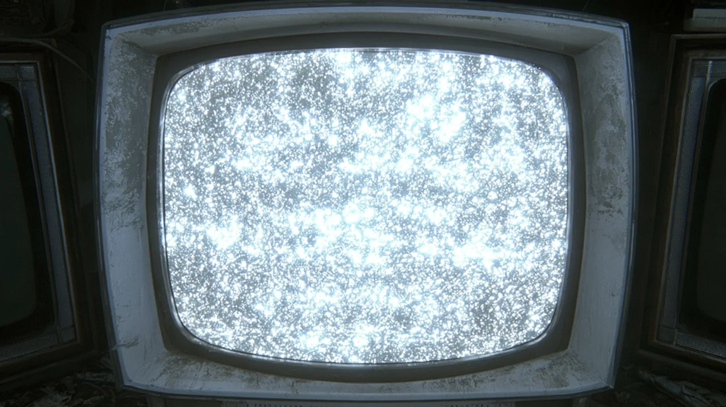 cinematic straight-on close-up of a battered 1970s CRT monitor whose rounded screen fills almost the whole frame, boiling with bright white television static, a scuffed grey-white plastic bezel around it, slivers of…