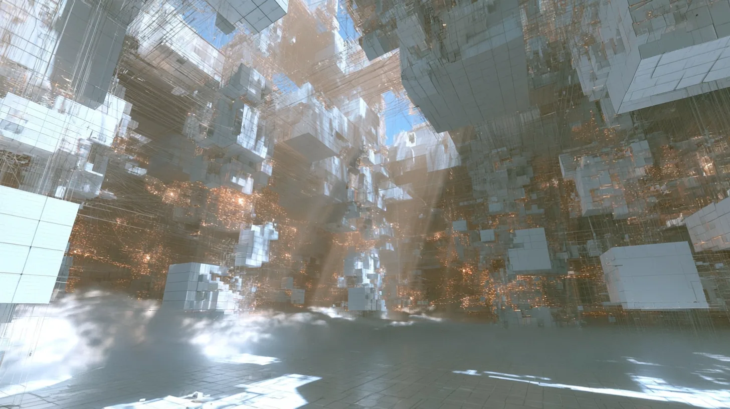a vast luminous white void filled with hundreds of floating square white wall panels and cubes drifting like neurons at every depth, thin threads of light linking them, warm amber sparks deep in the haze, soft fog…