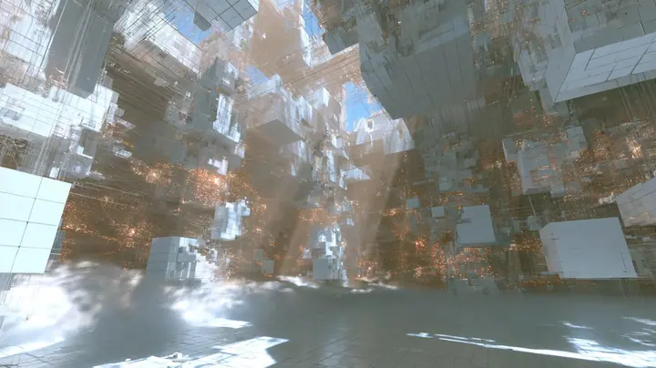 a vast luminous white void filled with hundreds of floating square white wall panels and cubes drifting like neurons at every depth, thin threads of light linking them, warm amber sparks deep in the haze, soft fog…