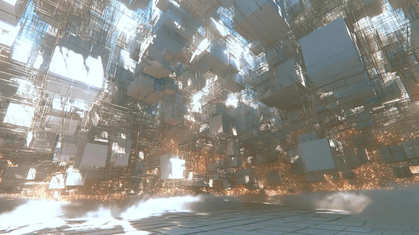 a vast luminous white void filled with hundreds of floating square white wall panels and cubes drifting like neurons at every depth, thin threads of light linking them, warm amber sparks deep in the haze, soft fog…