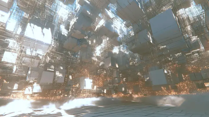a vast luminous white void filled with hundreds of floating square white wall panels and cubes drifting like neurons at every depth, thin threads of light linking them, warm amber sparks deep in the haze, soft fog…