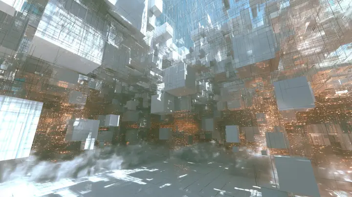 a vast luminous white void filled with hundreds of floating square white wall panels and cubes drifting like neurons at every depth, thin threads of light linking them, warm amber sparks deep in the haze, soft fog…