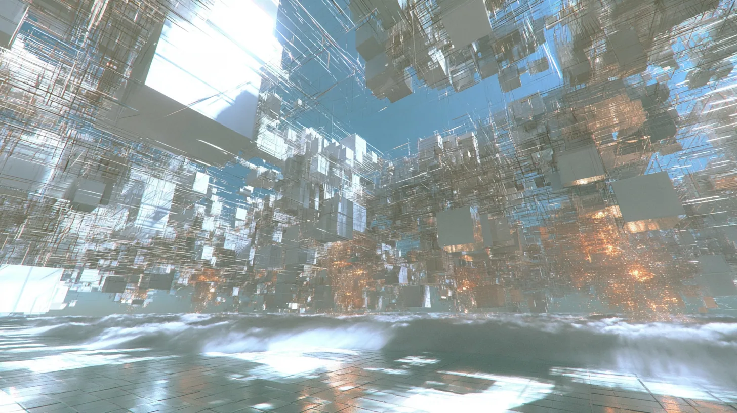 a vast luminous white void filled with hundreds of floating square white wall panels and cubes drifting like neurons at every depth, thin threads of light linking them, warm amber sparks deep in the haze, soft fog…