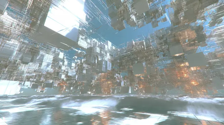 a vast luminous white void filled with hundreds of floating square white wall panels and cubes drifting like neurons at every depth, thin threads of light linking them, warm amber sparks deep in the haze, soft fog…