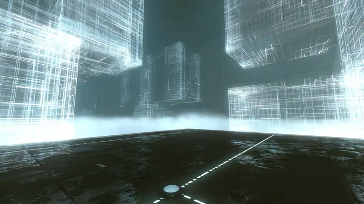 a dreamlike unbuilt test chamber: glowing white wireframe wall panels float tilted in a bright fog at different distances, drifting toward their places, below them a dark wet tiled floor traced with thin glowing…