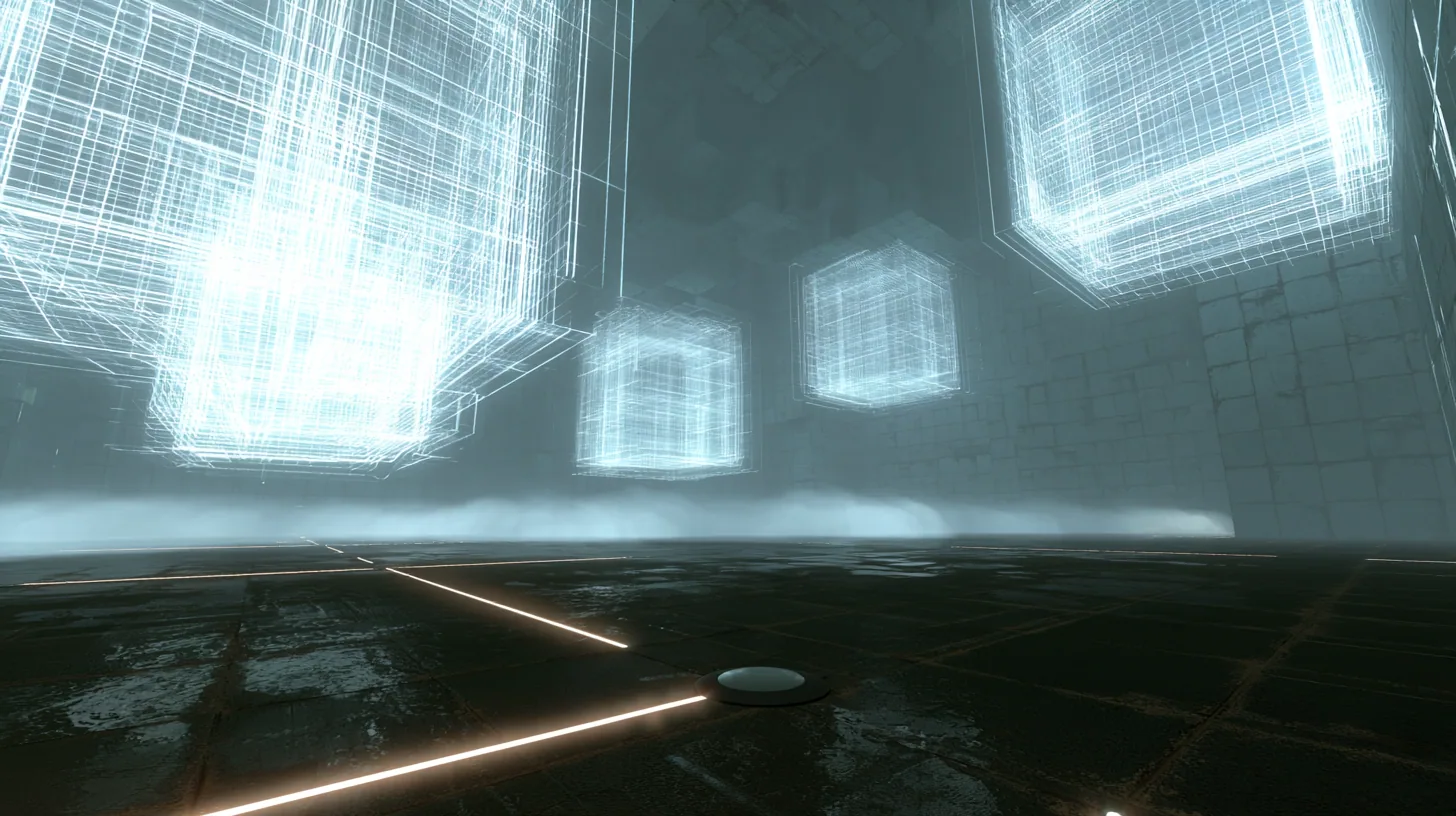 a dreamlike unbuilt test chamber: glowing white wireframe wall panels float tilted in a bright fog at different distances, drifting toward their places, below them a dark wet tiled floor traced with thin glowing…