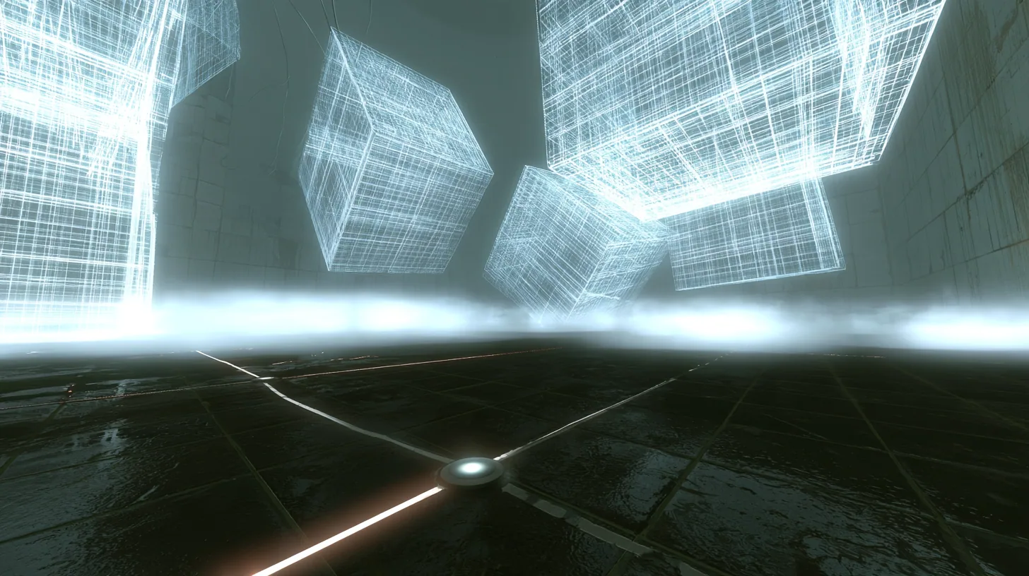 a dreamlike unbuilt test chamber: glowing white wireframe wall panels float tilted in a bright fog at different distances, drifting toward their places, below them a dark wet tiled floor traced with thin glowing…