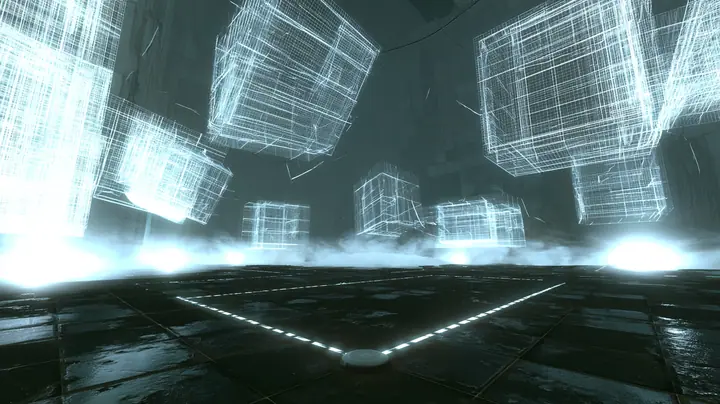 a dreamlike unbuilt test chamber: glowing white wireframe wall panels float tilted in a bright fog at different distances, drifting toward their places, below them a dark wet tiled floor traced with thin glowing…