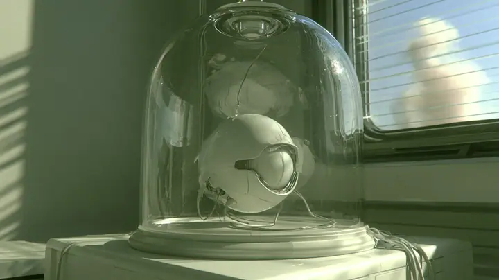 a glass bell jar on a white laboratory bench in soft pale-green daylight: inside, a tiny white spherical robot core rests with its round optic shut behind a closed mechanical iris, thin cables trailing, window light…