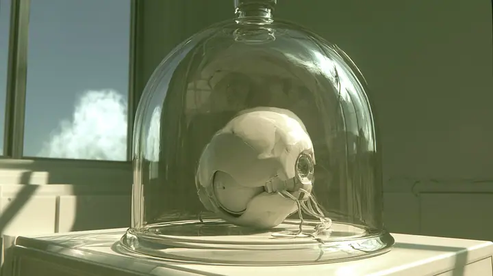 a glass bell jar on a white laboratory bench in soft pale-green daylight: inside, a tiny white spherical robot core rests with its round optic shut behind a closed mechanical iris, thin cables trailing, window light…