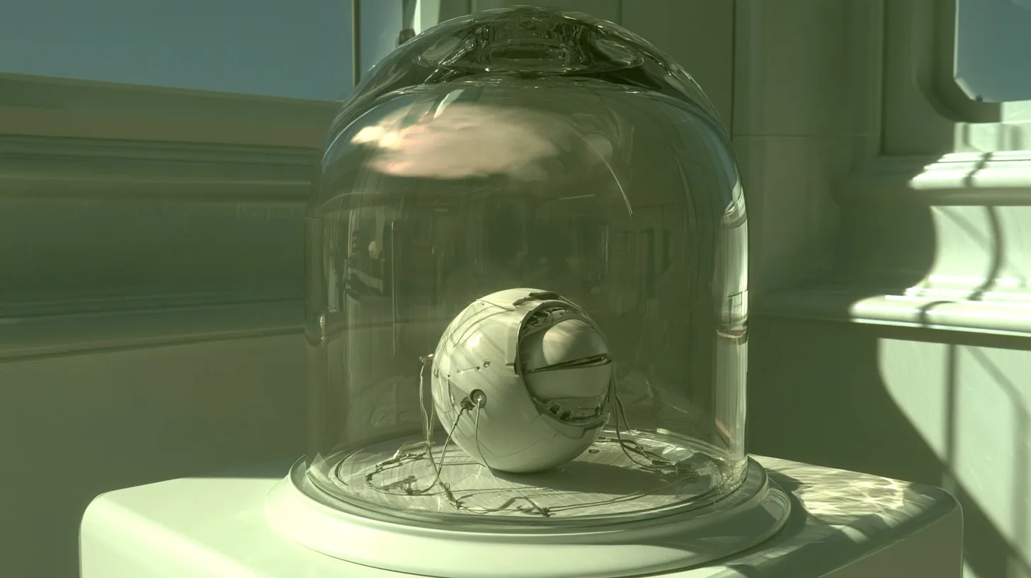 a glass bell jar on a white laboratory bench in soft pale-green daylight: inside, a tiny white spherical robot core rests with its round optic shut behind a closed mechanical iris, thin cables trailing, window light…
