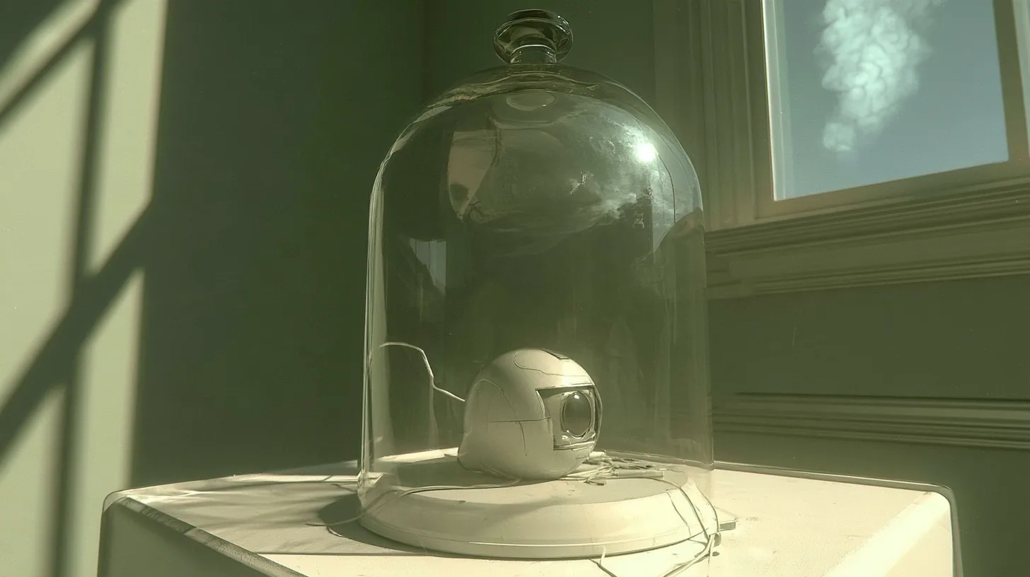 a glass bell jar on a white laboratory bench in soft pale-green daylight: inside, a tiny white spherical robot core rests with its round optic shut behind a closed mechanical iris, thin cables trailing, window light…