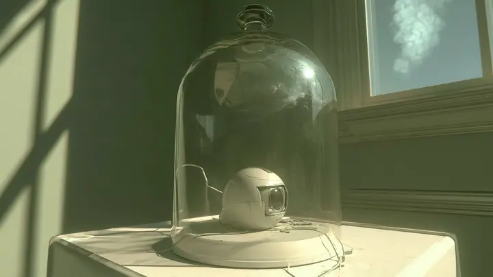 a glass bell jar on a white laboratory bench in soft pale-green daylight: inside, a tiny white spherical robot core rests with its round optic shut behind a closed mechanical iris, thin cables trailing, window light…