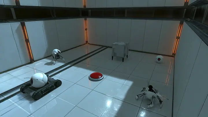 top-down cinematic view into a small white training chamber like a dollhouse: amber light strips along the walls, a dark observation window along the top wall, glossy pale floor tiles, a steel rail across the floor,…