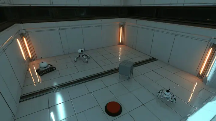top-down cinematic view into a small white training chamber like a dollhouse: amber light strips along the walls, a dark observation window along the top wall, glossy pale floor tiles, a steel rail across the floor,…