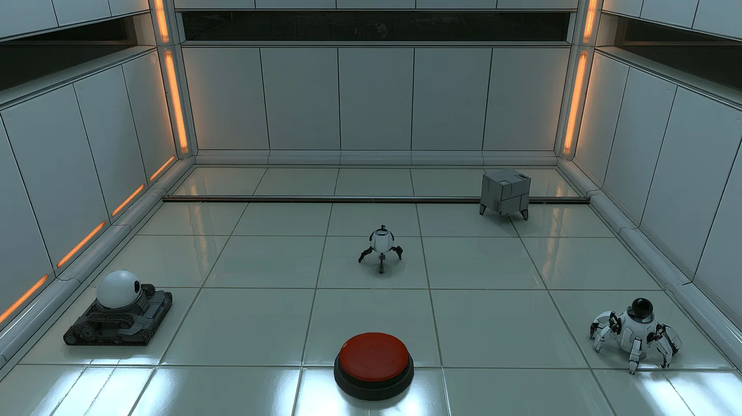 top-down cinematic view into a small white training chamber like a dollhouse: amber light strips along the walls, a dark observation window along the top wall, glossy pale floor tiles, a steel rail across the floor,…