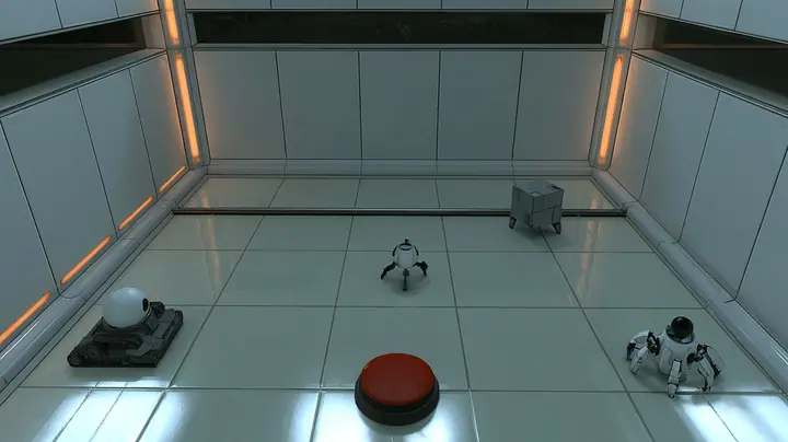 top-down cinematic view into a small white training chamber like a dollhouse: amber light strips along the walls, a dark observation window along the top wall, glossy pale floor tiles, a steel rail across the floor,…