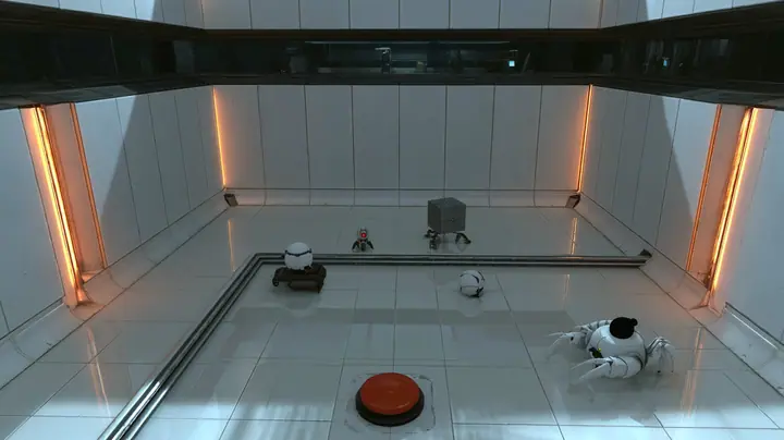 top-down cinematic view into a small white training chamber like a dollhouse: amber light strips along the walls, a dark observation window along the top wall, glossy pale floor tiles, a steel rail across the floor,…