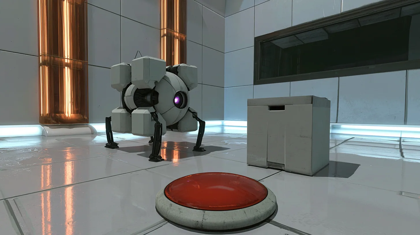 low cinematic shot at floor level in a white training chamber with tall amber light strips and a dark observation window: a light-grey storage cube robot on four short black legs with a glowing purple optic braces…