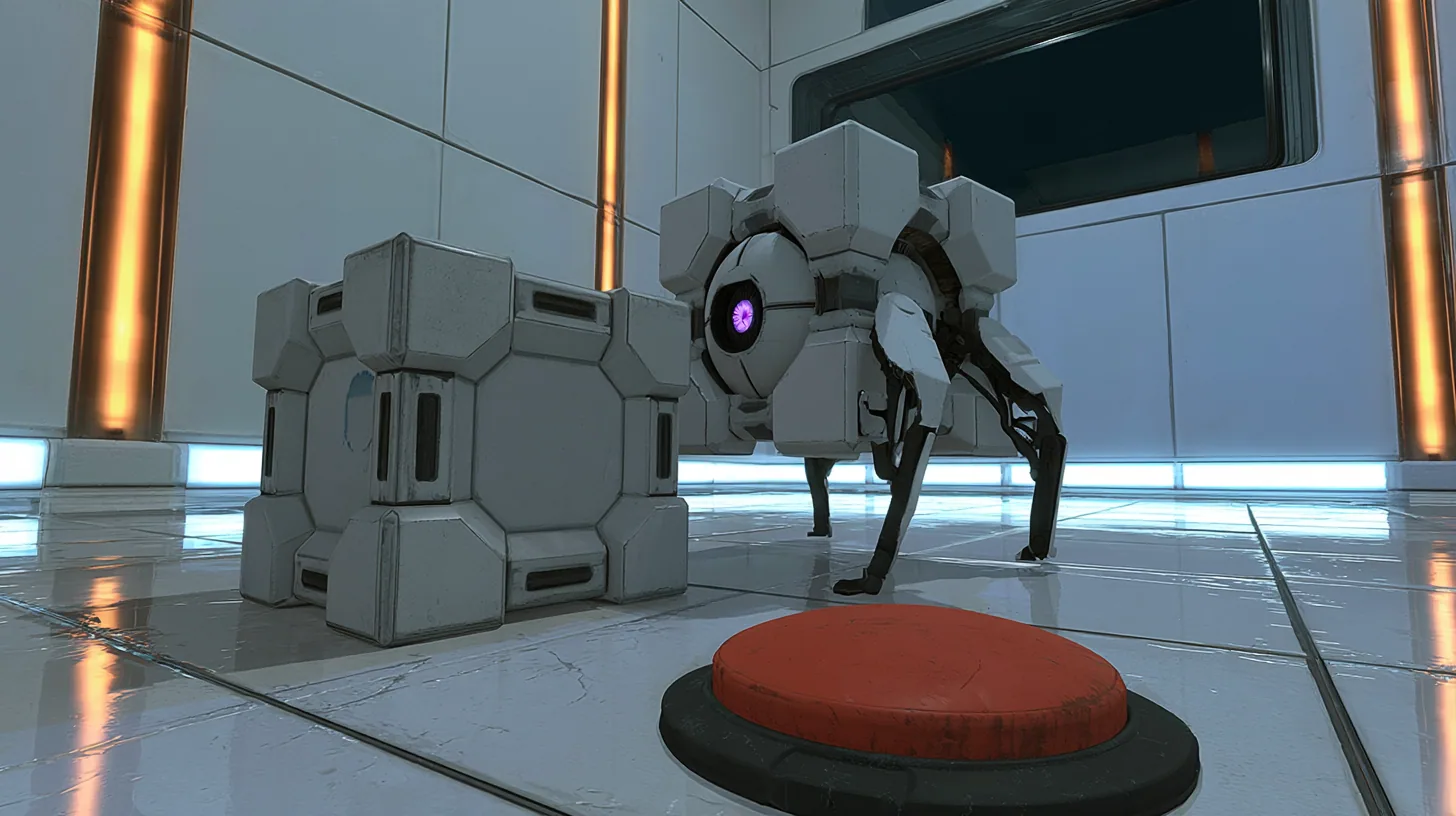 low cinematic shot at floor level in a white training chamber with tall amber light strips and a dark observation window: a light-grey storage cube robot on four short black legs with a glowing purple optic braces…